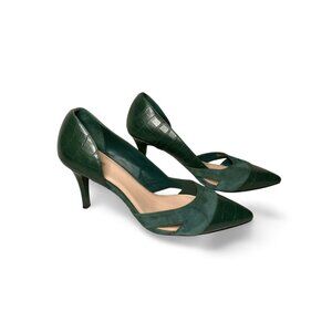 Cole Haan Snake Embossed Green Suede Leather Open Toe Pumps